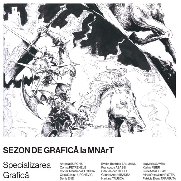 Afis bandă desenata „Sezon de Grafică la MNArT” prezintă expoziția „Când Lumea Se Frânge. Grafica Miturilor Ultimului Ceas”